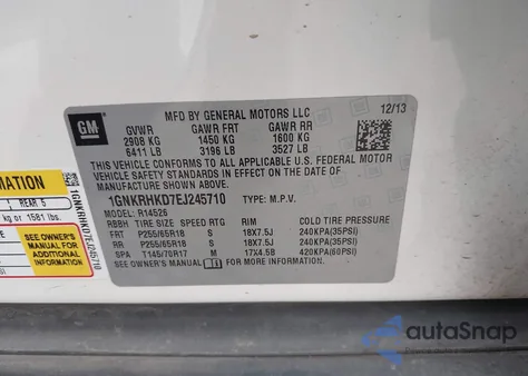 2014 Chevrolet Traverse 2Lt from USA, damaged, VIN 1GNKRHKD7EJ245710